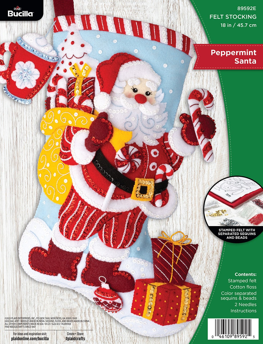 DIY Bucilla Peppermint Santa Christmas Felt Stocking Kit 89592E