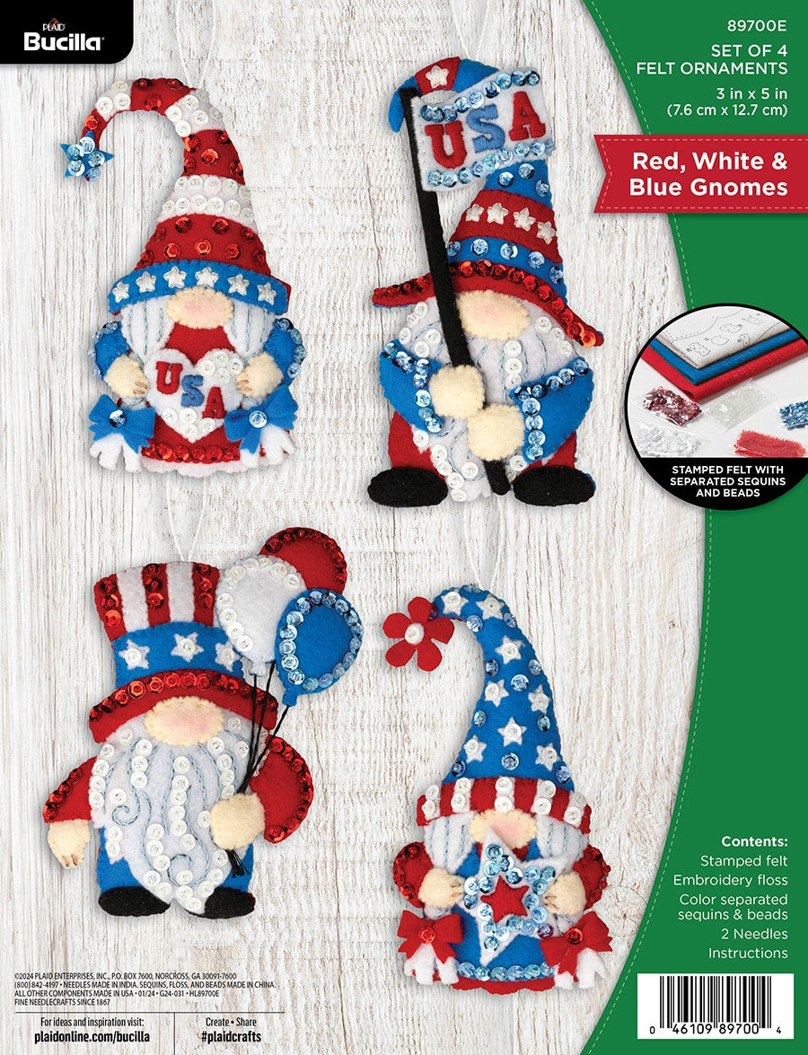 DIY Bucilla Red White & Blue Gnomes Christmas Felt Ornament Kit 89700E