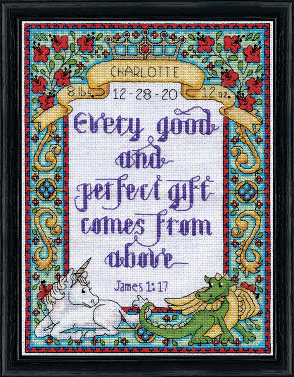 DIY Design Works Regal Birth Record Unicorn Verse Counted Cross Stitch Kit 8x10