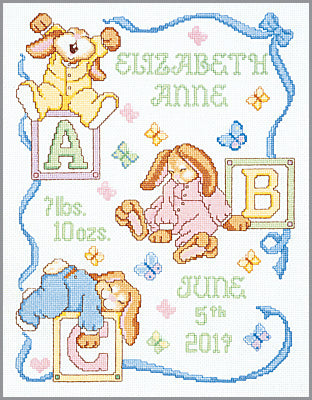 DIY Janlynn Sleepy Bunnies Animals Birth Record Counted Cross Stitch Kit 11x14