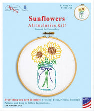 Load image into Gallery viewer, Stamped embroidery hoop kit. This design features 2 sunflowers in a mason jar. 