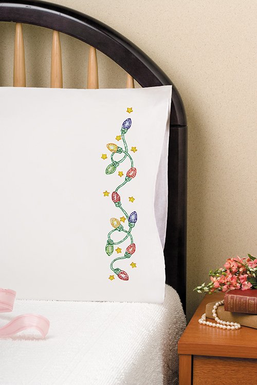 DIY Design Works Christmas Lights Stamped Embroidery Pillowcase Kit