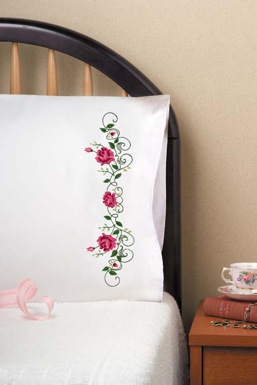 DIY Design Works Rose Vine Flower Stamped Embroidery Pillowcase Kit