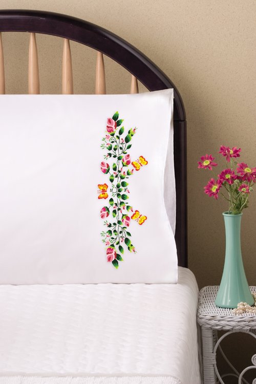 DIY Design Works Butterflies & Roses Stamped Embroidery Pillowcase Kit