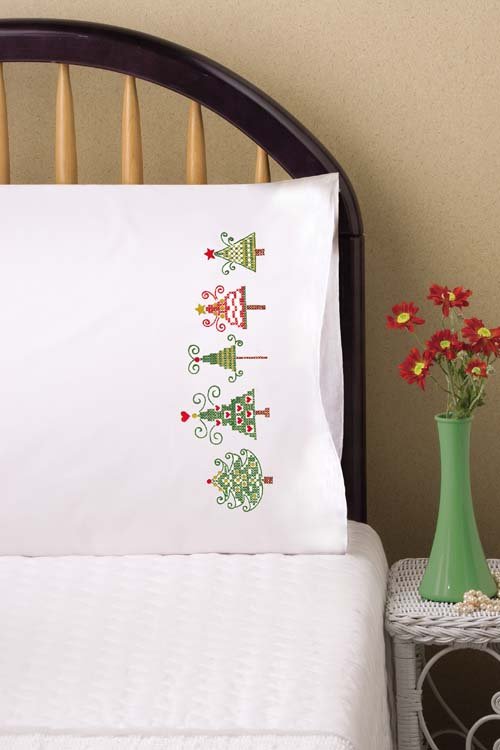 DIY Design Works Christmas Trees Stamped Embroidery Pillowcase Kit