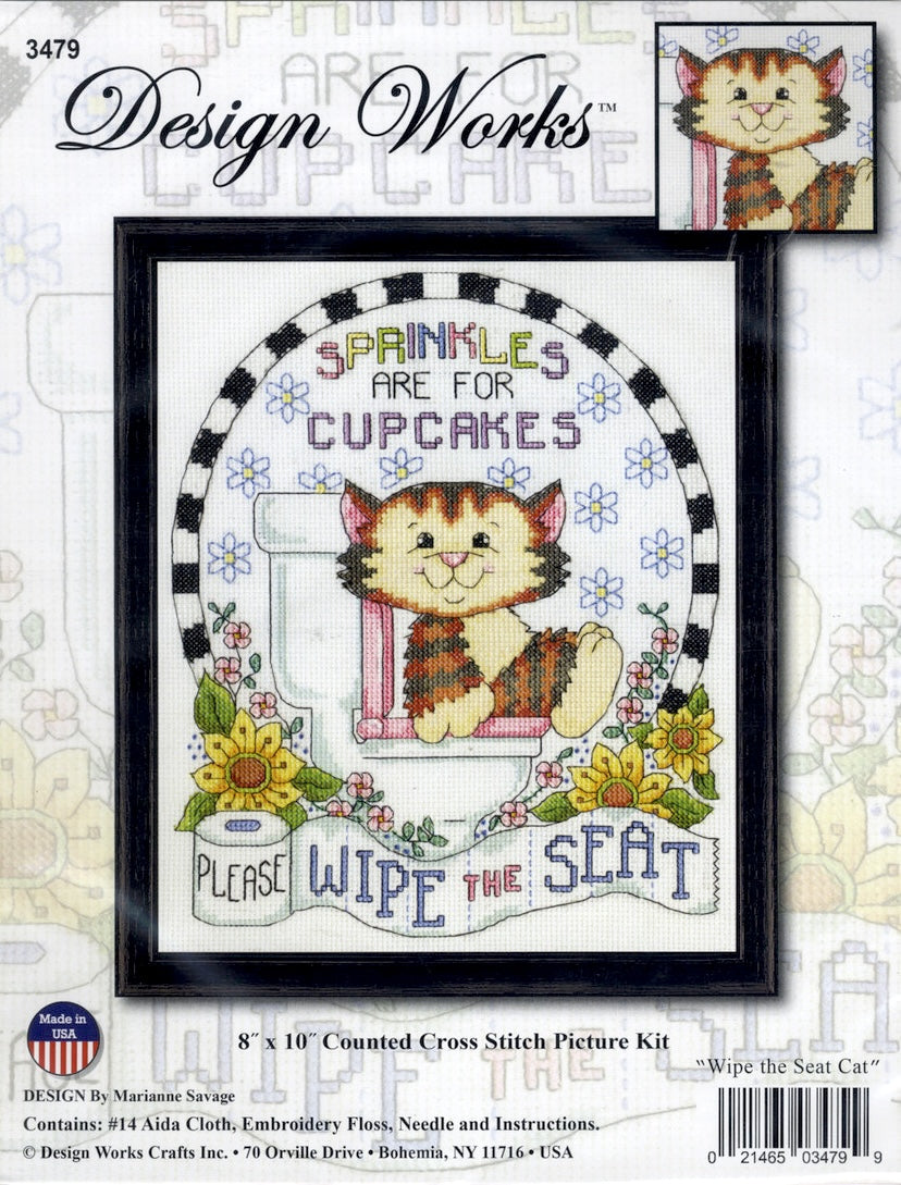 DIY Design Works Wipe the Seat Cat Bathroom Counted Cross Stitch Kit 8x10