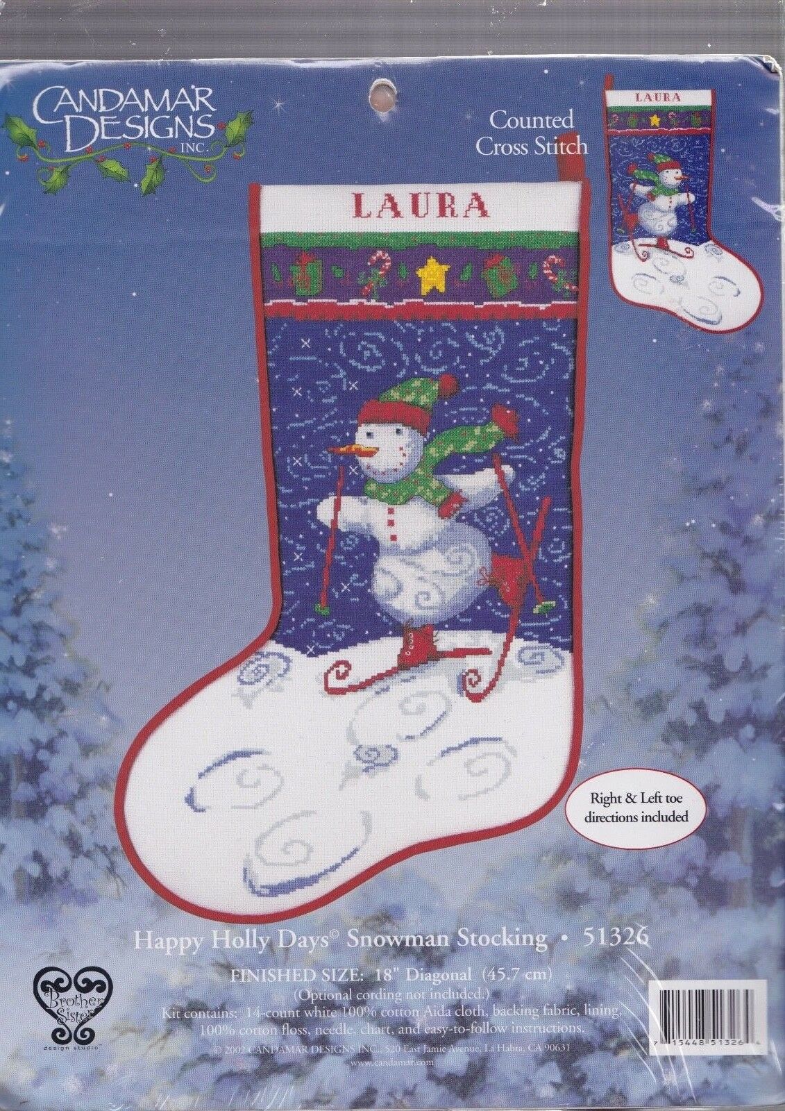 DIY Happy Holly Days Snowman Christmas Counted Cross Stitch Stocking Kit 51326
