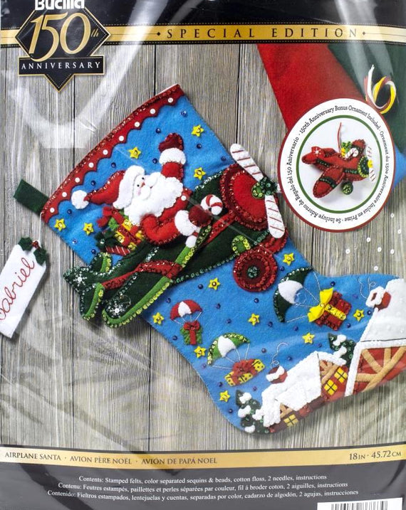 DMG DIY Bucilla Airplane Santa Flying Christmas  Felt Stocking Kit