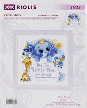 Load image into Gallery viewer, DIY Riolis Hello Little One Blue Boy Birth Announcement Counted Cross Stitch Kit