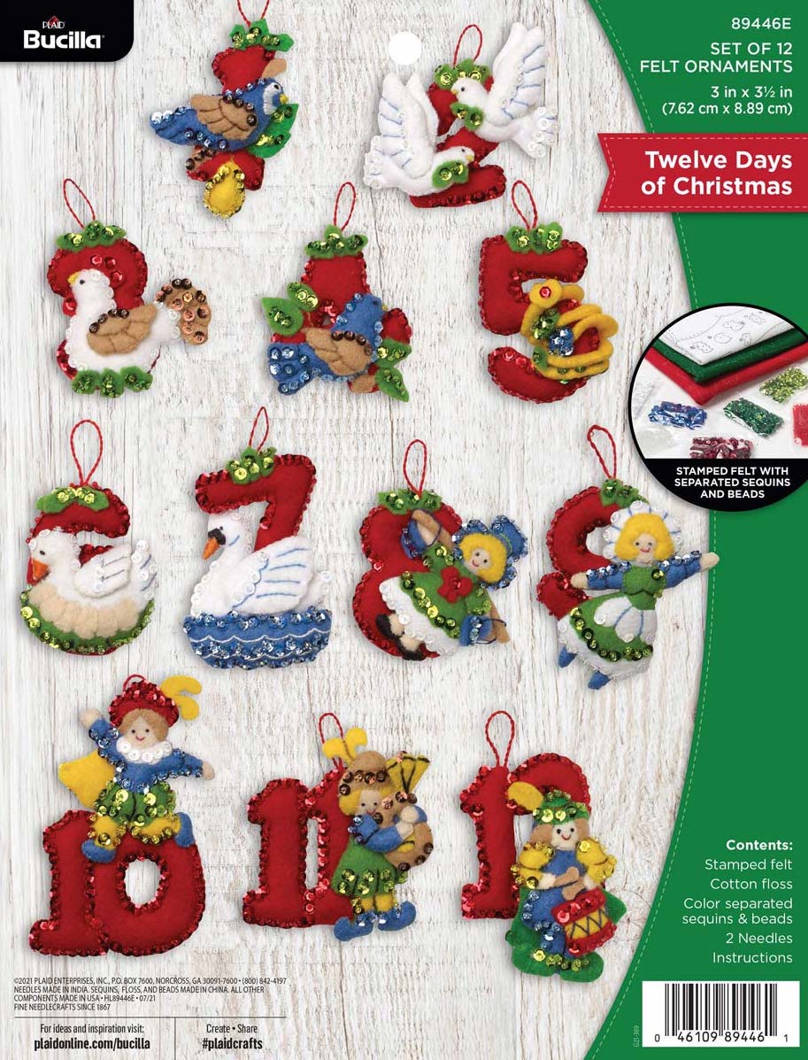 Bucila Felt ornaments kit. Each ornament  represents one of the 12 days of christmas. 