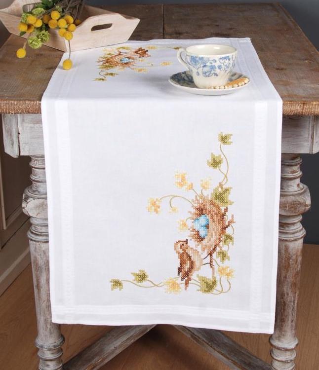DIY Vervaco Little Bird in Nest Easter Stamped Cross Stitch Table Runner Kit