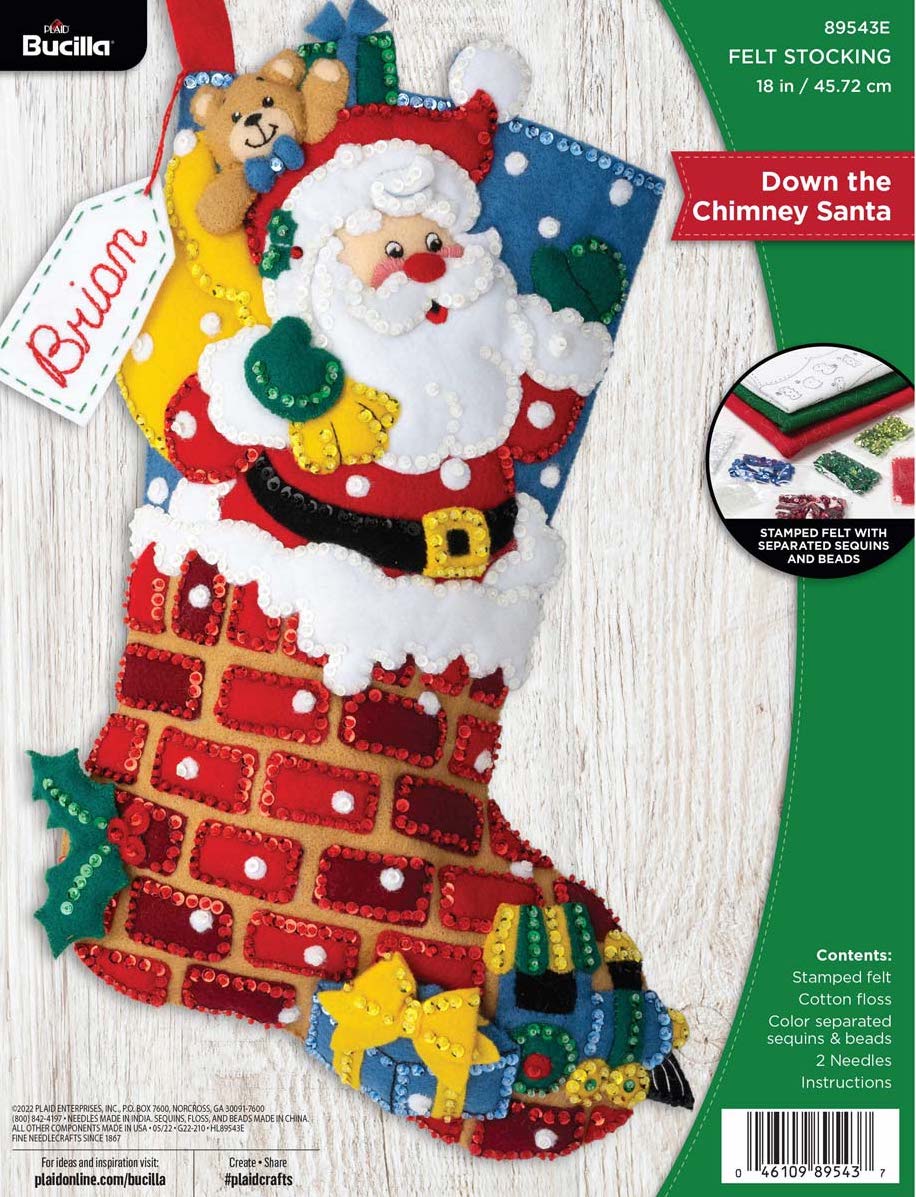 Bucilla Felt Christmas stocking kit. Design features santa with his bag of toys heading down the chimney.