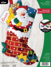 Load image into Gallery viewer, Bucilla Felt Christmas stocking kit. Design features santa with his bag of toys heading down the chimney.