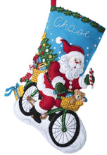 Load image into Gallery viewer, DIY Bucilla Santa on the Go Christmas Bike Bicycle Felt Stocking Kit 89249E