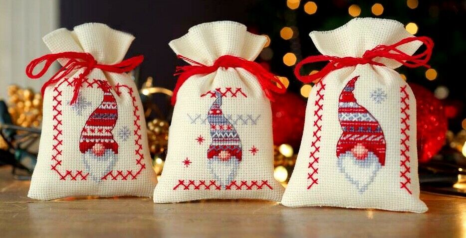 DIY Vervaco Christmas Gnomes Santa Potpourri Gift Bag Counted Cross Stitch Kit