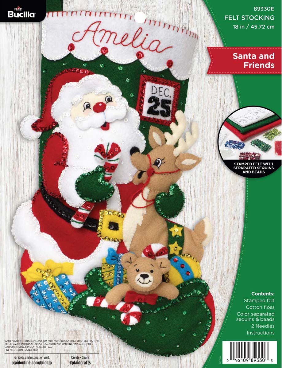 Bucilla felt christmas stocking kit. Design features santa with his bag of toys  and a reindeer. Calendar with Dec 25 in the background.