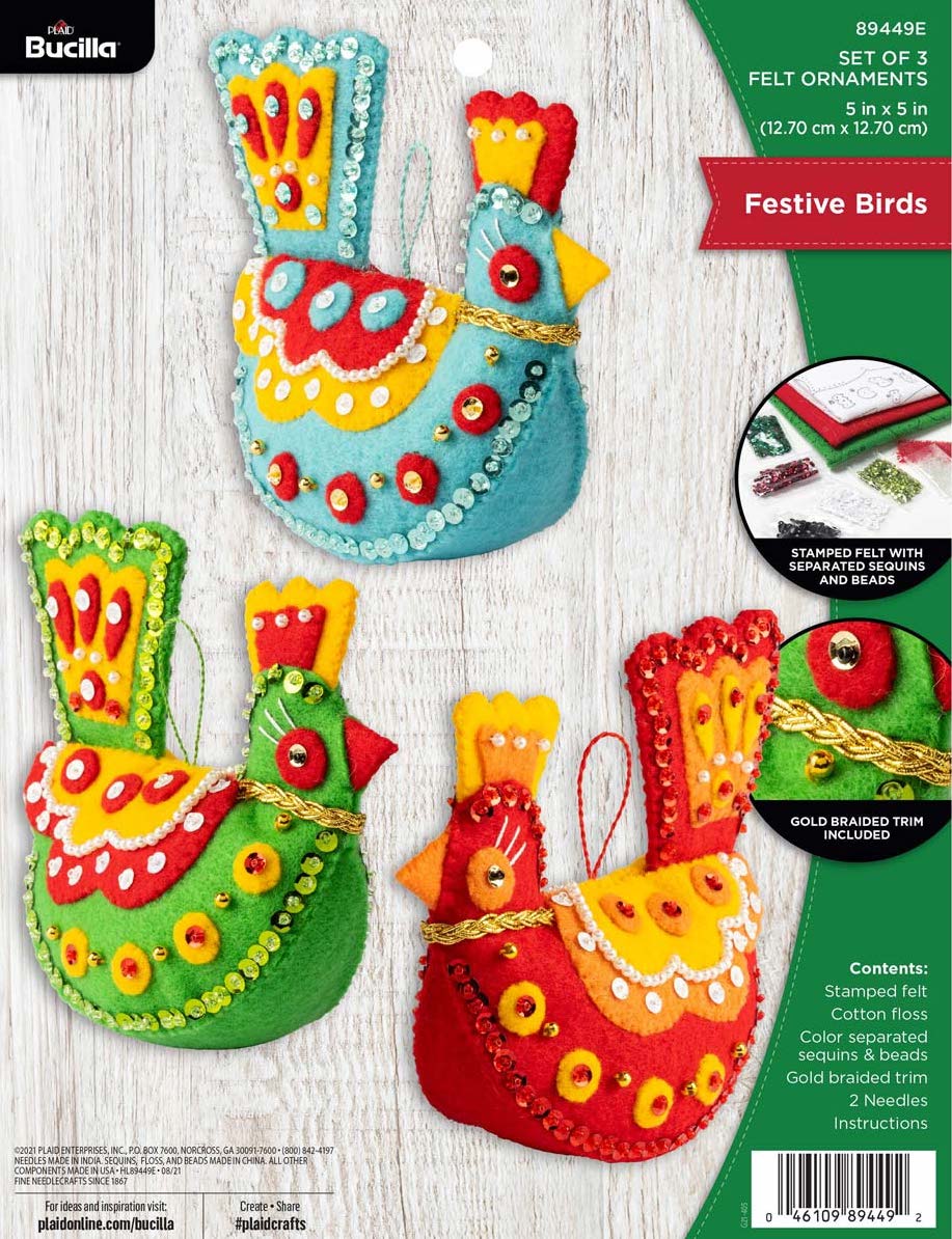 DIY Bucilla Festive Birds Holiday Fancy Birds Christmas Felt Ornament Kit 89449E