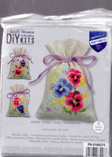 Load image into Gallery viewer, DIY Vervaco Violets Pansies Flowers Potpourri Gift Bag Counted Cross Stitch Kit