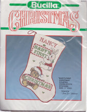 Load image into Gallery viewer, DIY Bucilla Babys First Christmas Bear Counted Cross Stitch Stocking Kit 82523
