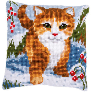 DIY Vervaco Cat in the Snow Winter Chunky Needlepoint Cushion Pillow Top Kit 16"