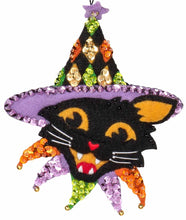 Load image into Gallery viewer, Black cat with colorful jester hat.