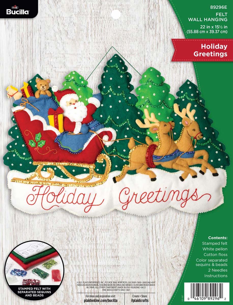 DIY Bucilla Holiday Greetings Santa Sleigh Christmas Wall Felt Craft Kit 89296E