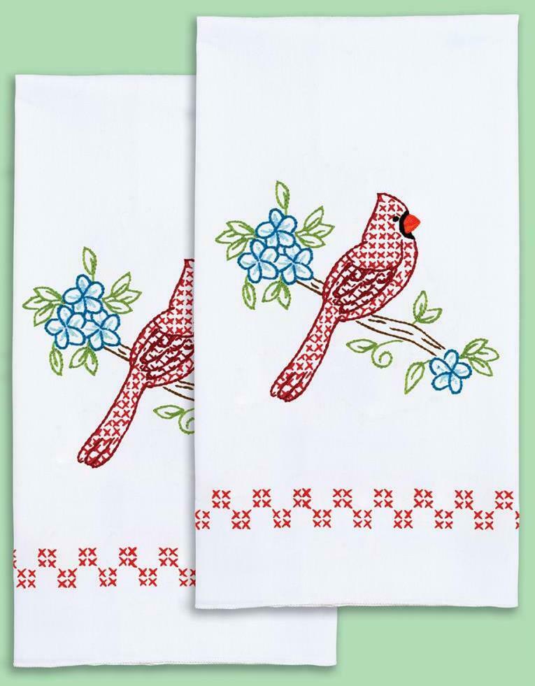 DIY Jack Dempsey Cardinal Flowers Stamped Cross Stitch Guest Hand Towel Kit