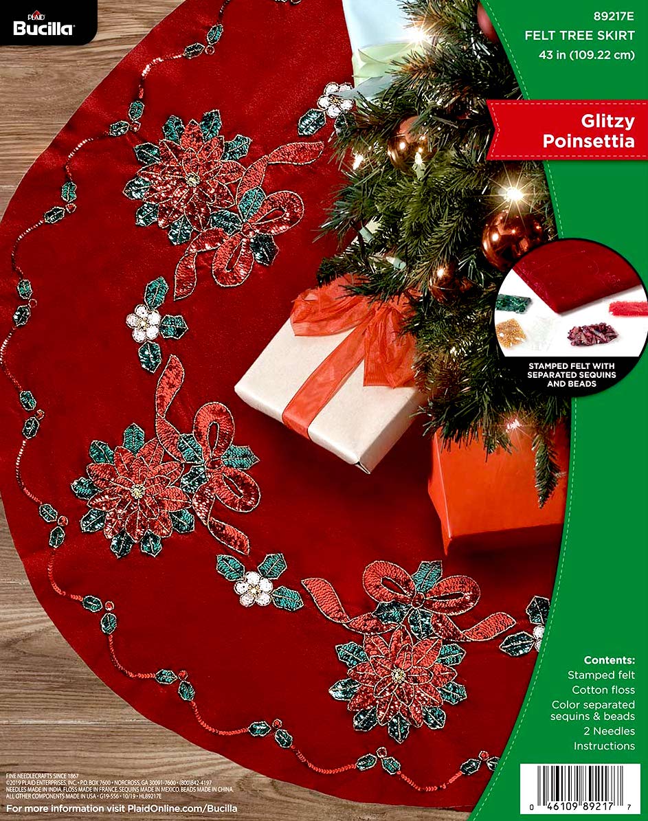 DIY Bucilla Glitzy Poinsettia Christmas Holiday Felt Tree Skirt Kit 89217E