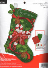 Load image into Gallery viewer, DIY Bucilla Candy Cane and Ribbons Pinecone Christmas Felt Stocking Kit 86971E