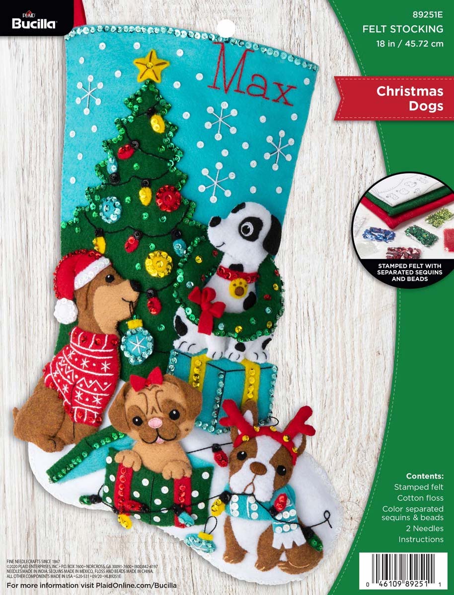 Bucilla Christmas felt stocking kit. Design features four dogs decorating a christmas tree and playing with decorations.