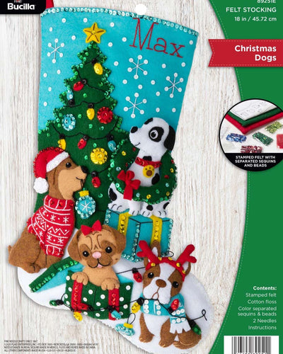 Bucilla Christmas felt stocking kit. Design features four dogs decorating a christmas tree and playing with decorations.