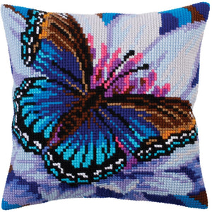 DIY Collection D'Art Blue Butterfly Cross Stitch Needlepoint 16" Pillow Top Kit