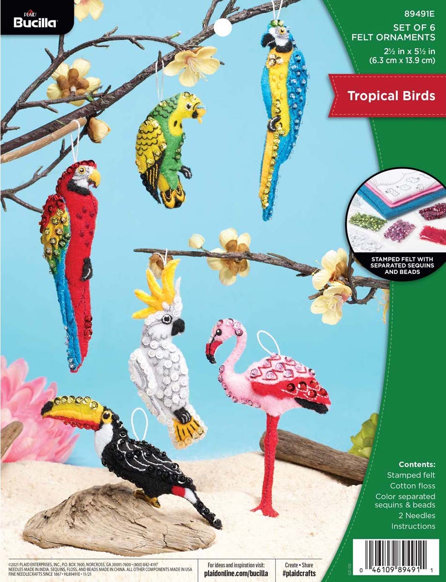 DIY Bucilla Tropical Birds Parrot Toucan Christmas Felt Tree Ornament Kit 89491E
