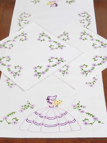 DIY Jack Dempsey Colonial Lady Flowers Stamped Embroidery Scarf & Doily Set