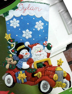 DIY Bucilla Holiday Drive Christmas Santa Snowman Car Felt Stocking Kit 86451