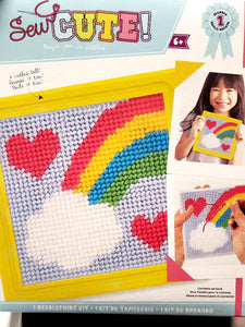 DIY Sew Cute Rainbow Hearts Kids Beginner Starter Needlepoint Kit w Frame 6"x6"