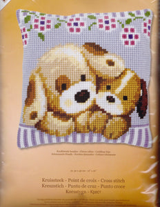 DIY Vervaco Cuddling Dogs Puppies Cross Stitch Needlepoint 16" Pillow Top Kit