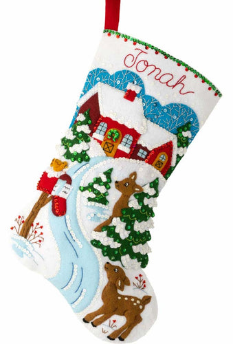 DIY Winter Days Snowy House Scene Deer Trees Christmas Felt Stocking Kit 89464E