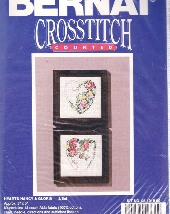 DIY Bernat Hearts Nancy & Gloria Flowers Counted Cross Stitch Kit