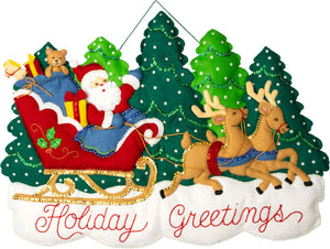 DIY Bucilla Holiday Greetings Santa Sleigh Christmas Wall Felt Craft Kit 89296E