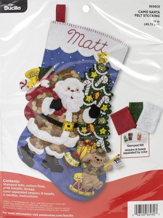 DIY Bucilla Camo Santa Military Soldier Christmas Felt Stocking Kit 86980E