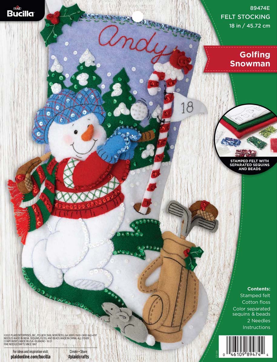DIY Bucilla Golfing Snowman Golfer Winter Christmas Felt Stocking Kit 89474E
