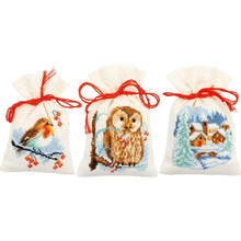 Load image into Gallery viewer, DIY Vervaco Winter Bird Owl Snow Potpourri Gift Bag Counted Cross Stitch Kit
