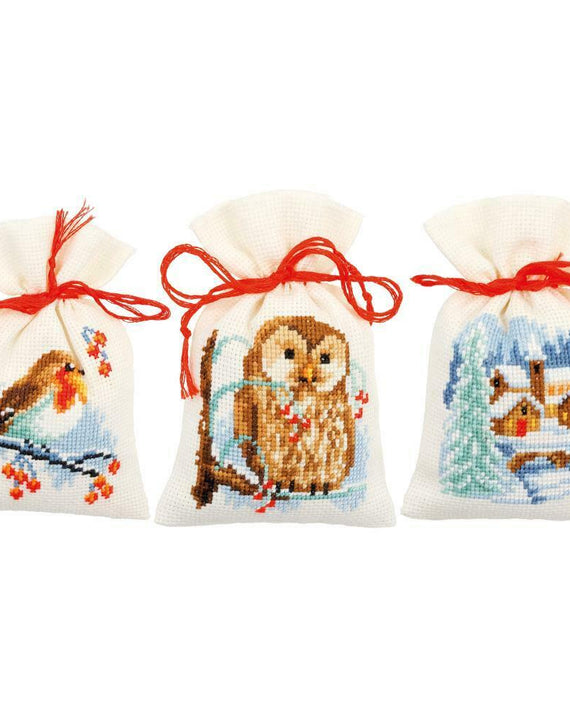 DIY Vervaco Winter Bird Owl Snow Potpourri Gift Bag Counted Cross Stitch Kit