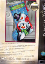 Load image into Gallery viewer, Dimensions needlepoint stocking kit. Design features a snowman and penguin out on a snowy day.