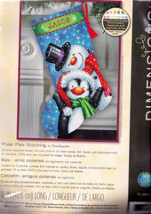 Dimensions needlepoint stocking kit. Design features a snowman and penguin out on a snowy day.