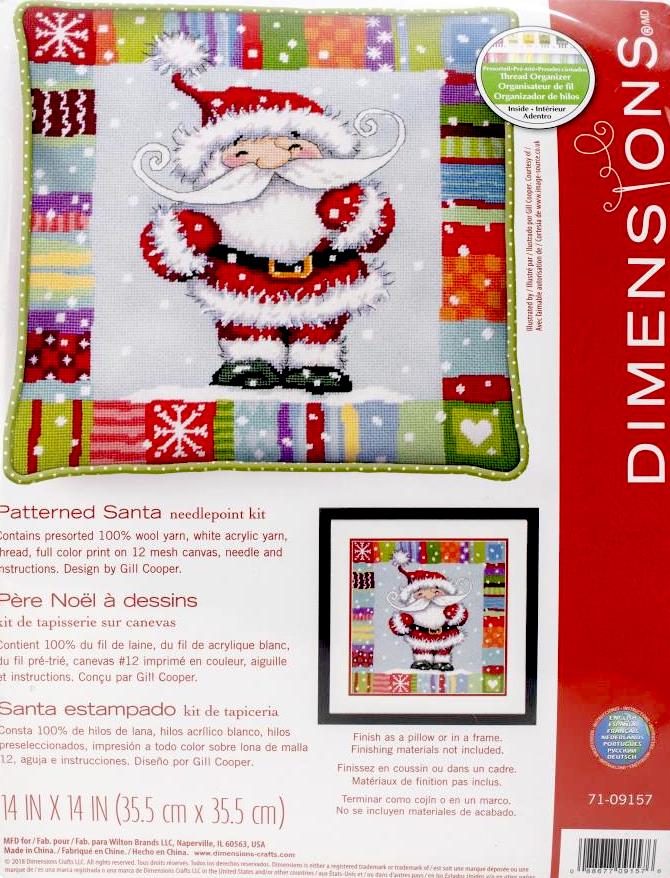 Dimensions christmas needlepoint kit. Design features a whimsical santa in the middle with a colorful retro border.