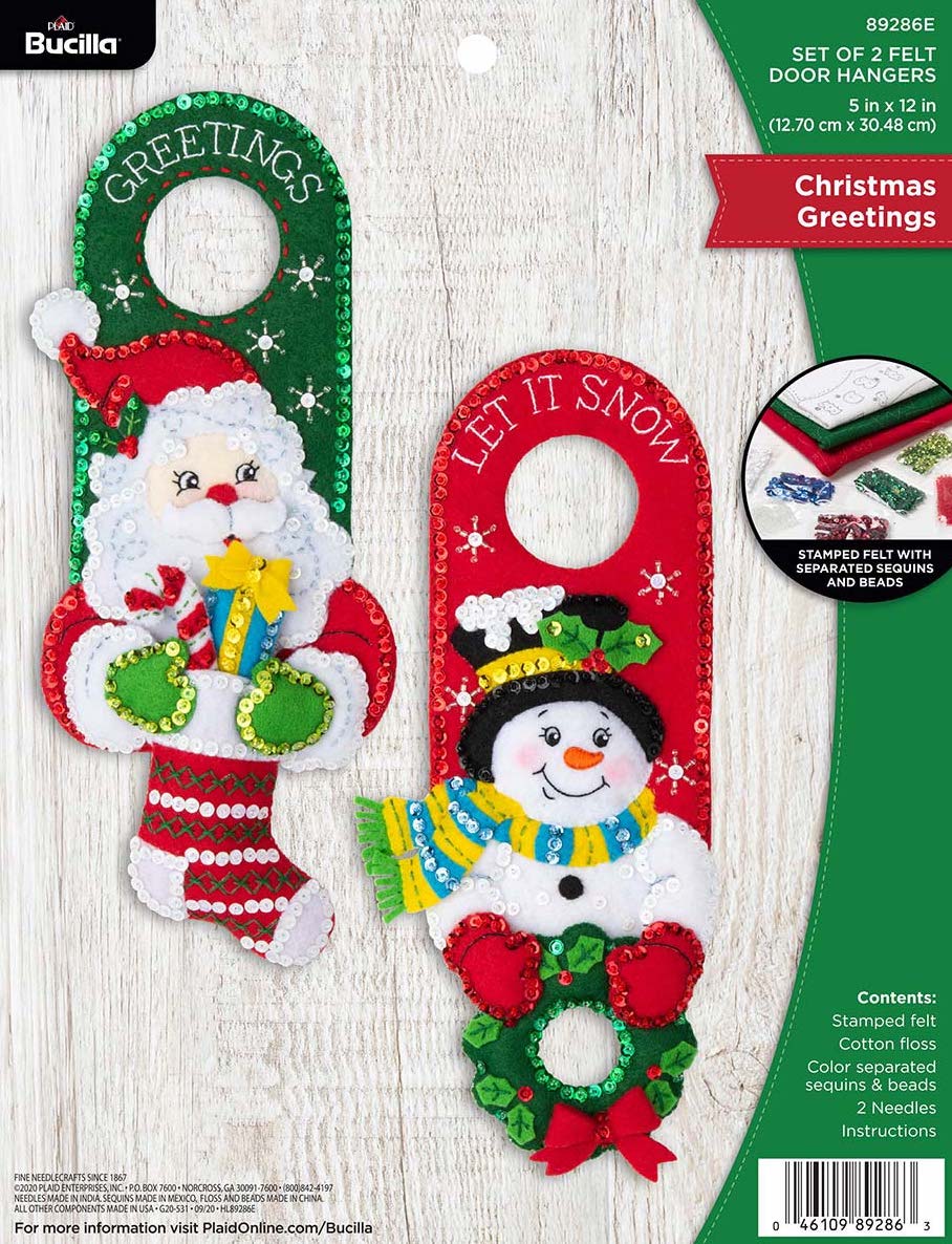 DIY Bucilla Christmas Greetings Santa Snowman Door Hanger Felt Kit