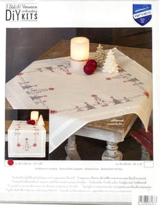 DIY Vervaco Christmas Trees Silver Red Stamped Cross Stitch Table Runner Kit