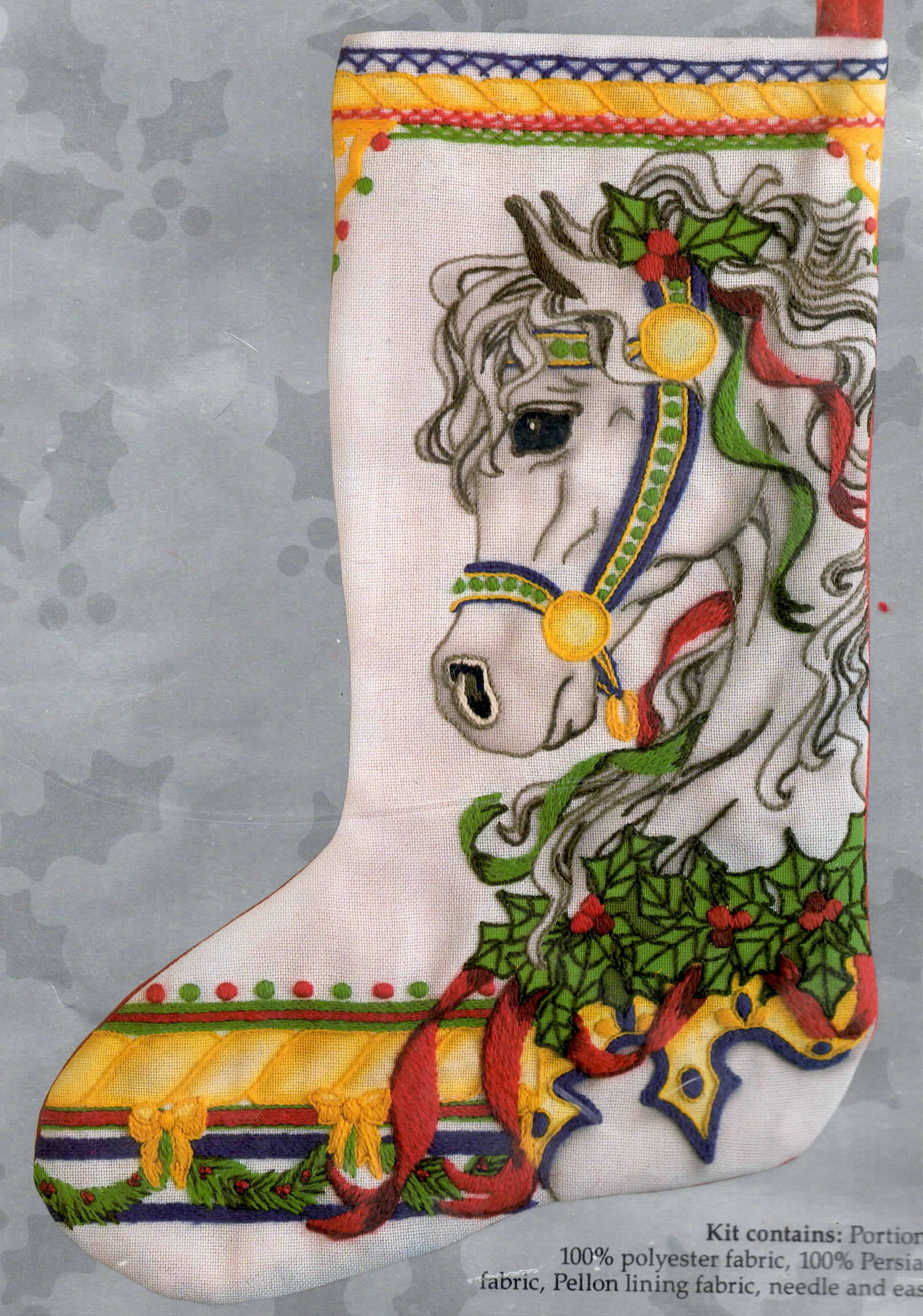 DIY Carousel Horse White Holly Christmas Christmas Crewel Stocking Kit 40241